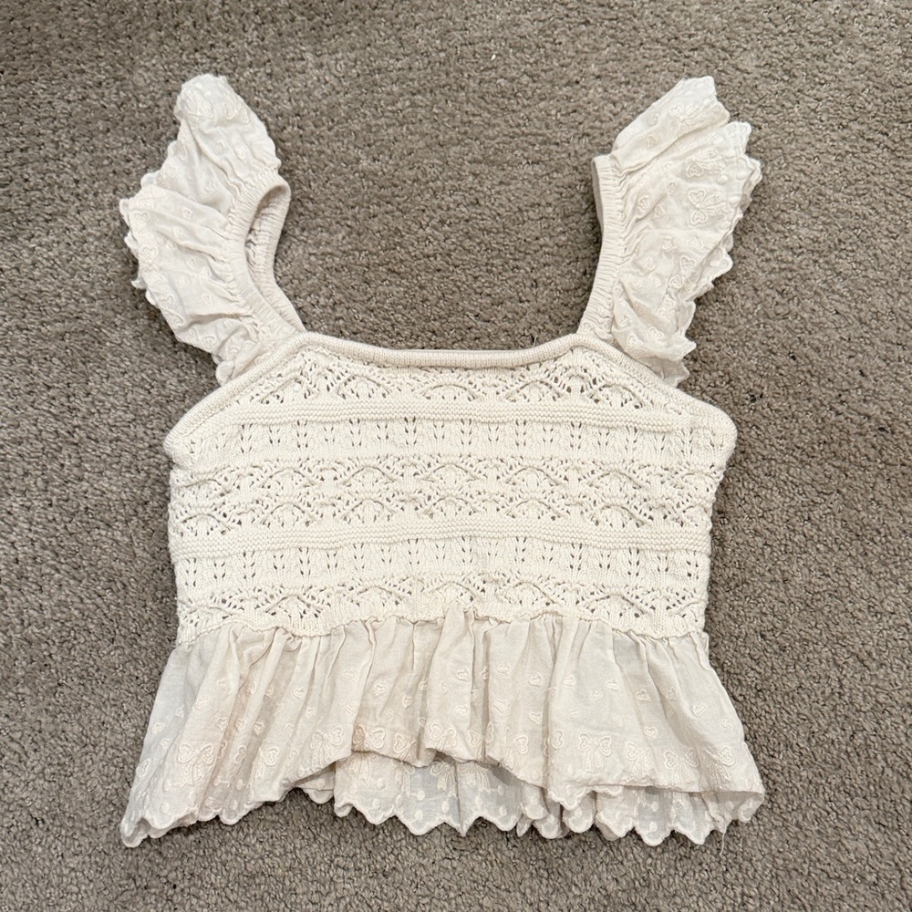 Altar'd State Cream Lace Ruffle Crop Top